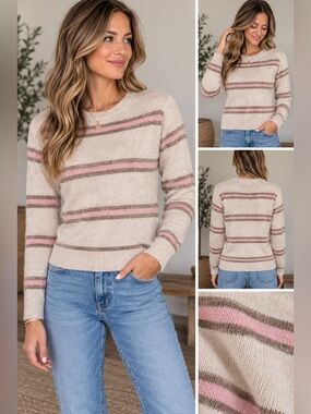 Women's Cream Crewneck Sweater with Pink & Brown Stripes